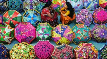 Colourful Indian Market umbrellas